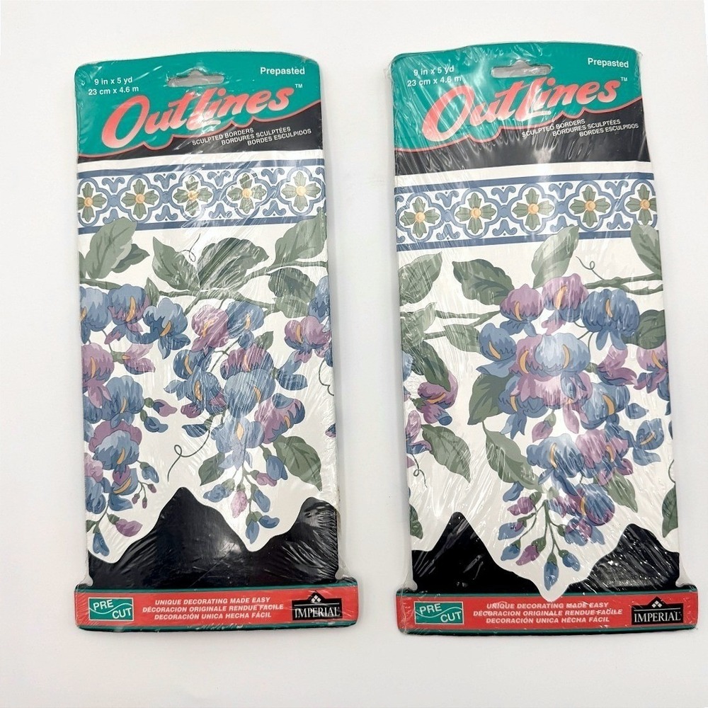 VTG 90s Cottagecore Purple Flowers‎ Sculpted Wallpaper Border 9"x5yd 2-pack